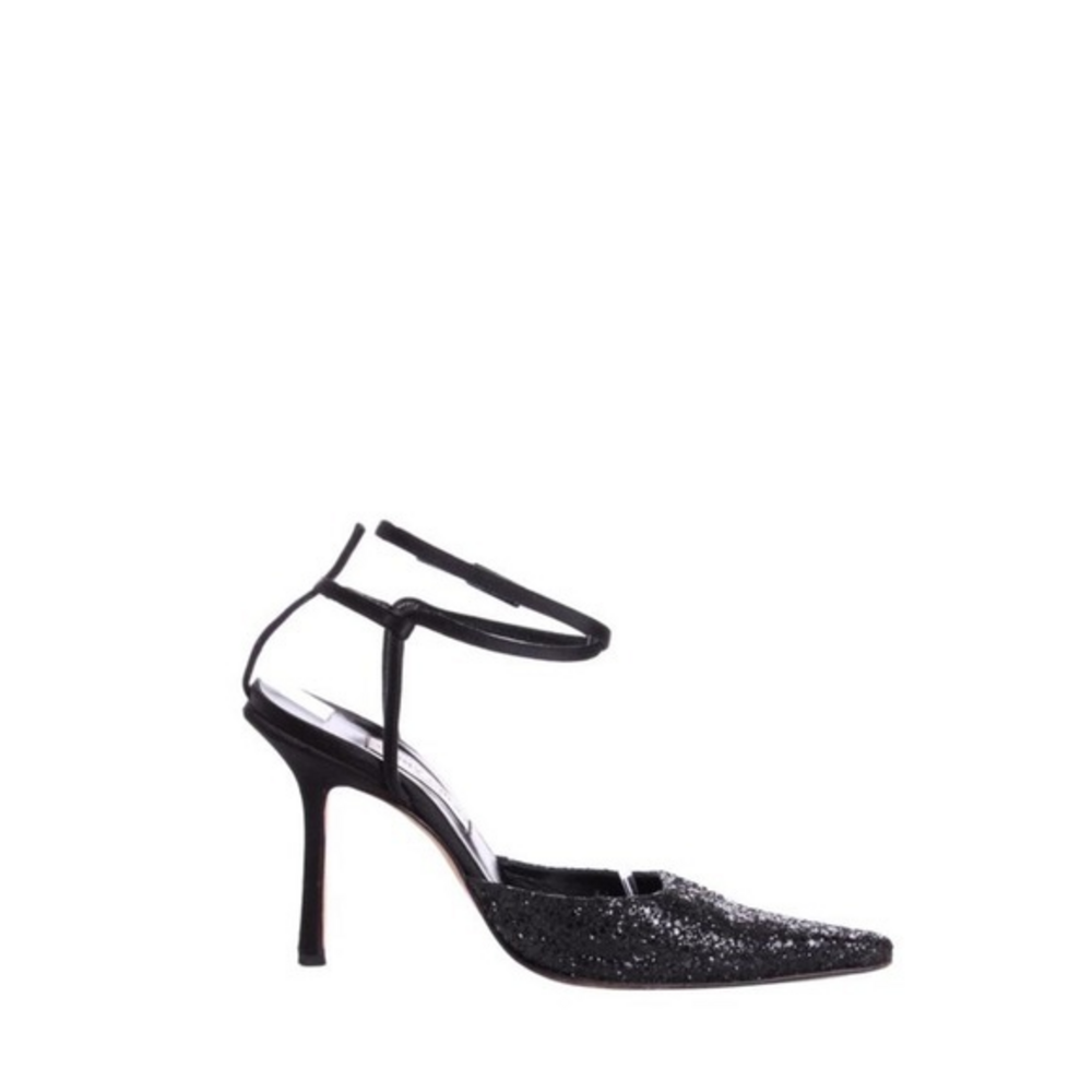 Jimmy Choo Black Glitter Embellished Square‎ Toe Satin Strappy Pumps Heels 10